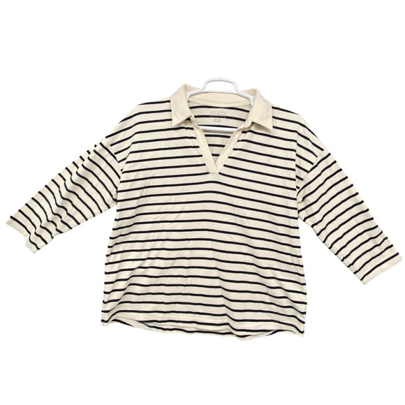 L.L. Bean Tops - L.L. Bean Striped Polo Shirt V-Neck 3/4 Sleeve Women's XL REG Cream Navy